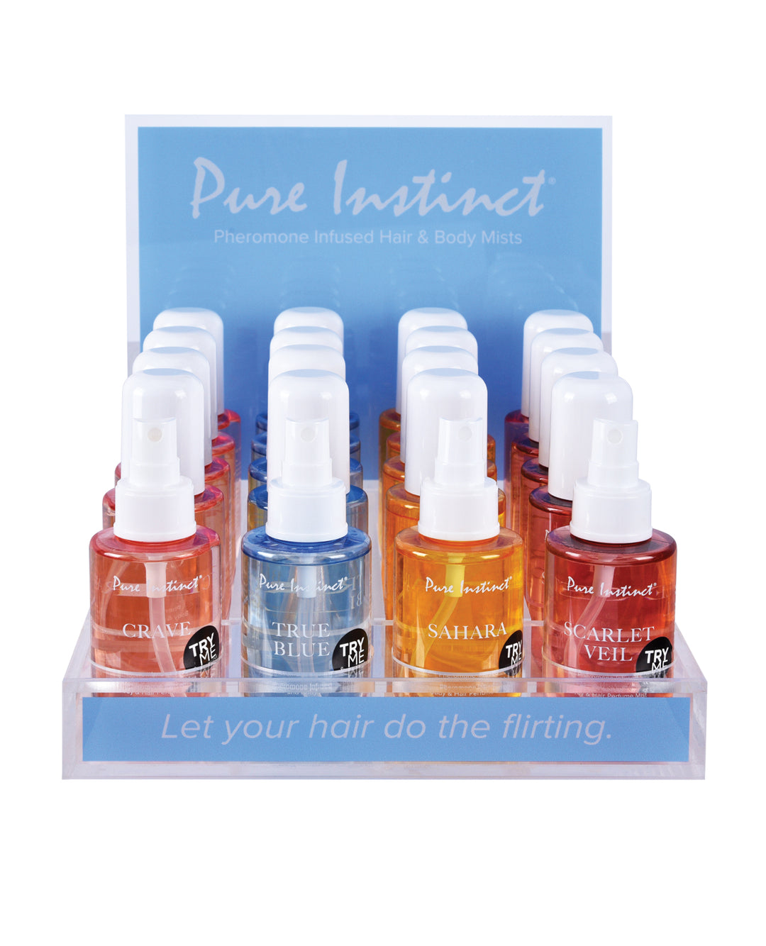 Pure Instinct Pheromone Hair & Body Mist Bundle w/Testers and Acrylic Display - 21 pcs