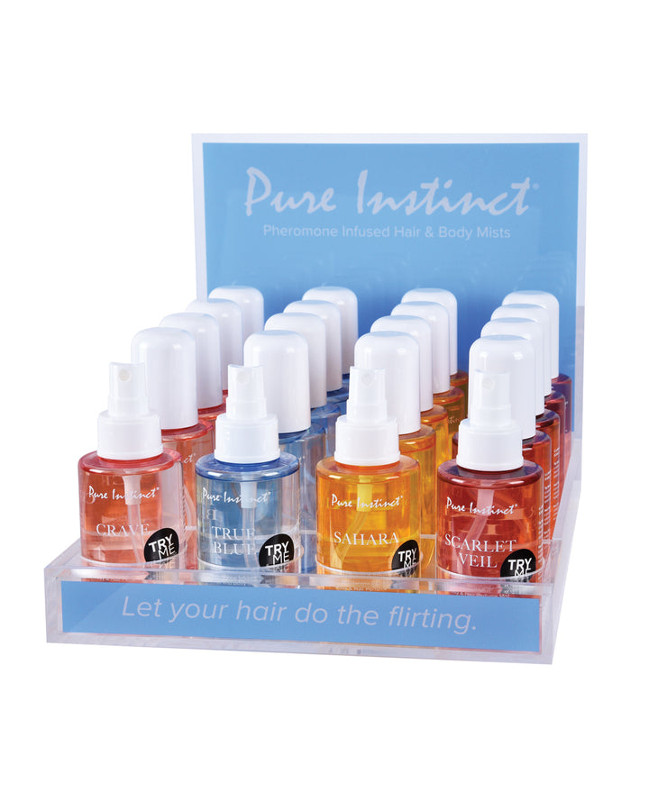 Pure Instinct Pheromone Hair & Body Mist Bundle w/Testers and Acrylic Display - 21 pcs