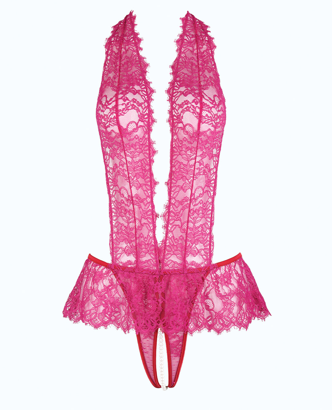 Jocelyn Lace Halter Teddy w/Open Crotch - Raspberry LG