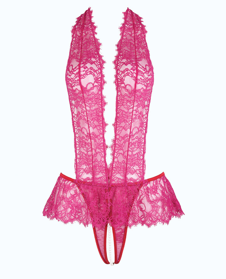 Jocelyn Lace Halter Teddy w/Open Crotch - Raspberry XL