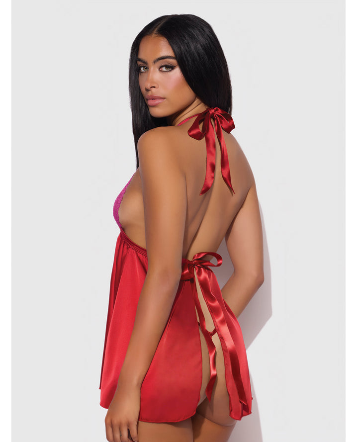 Jocelyn Lace & Satin Halter Mini Babydoll Dress w/Thong - Raspberry MD