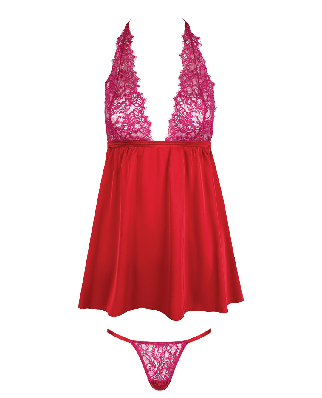 Jocelyn Lace & Satin Halter Mini Babydoll Dress w/Thong - Raspberry MD