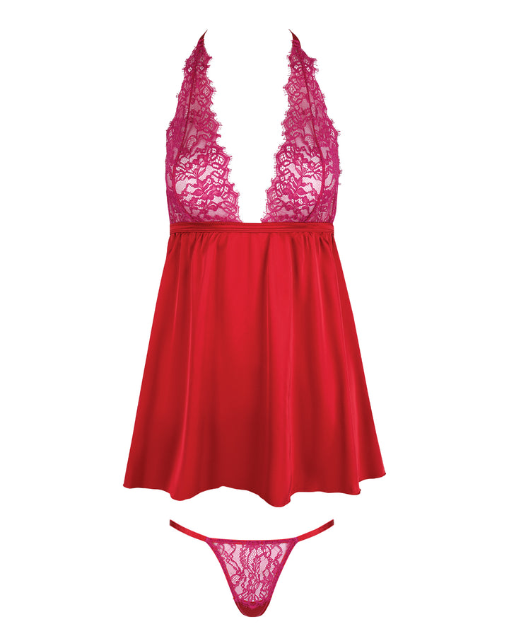 Jocelyn Lace & Satin Halter Mini Babydoll Dress w/Thong - Raspberry MD