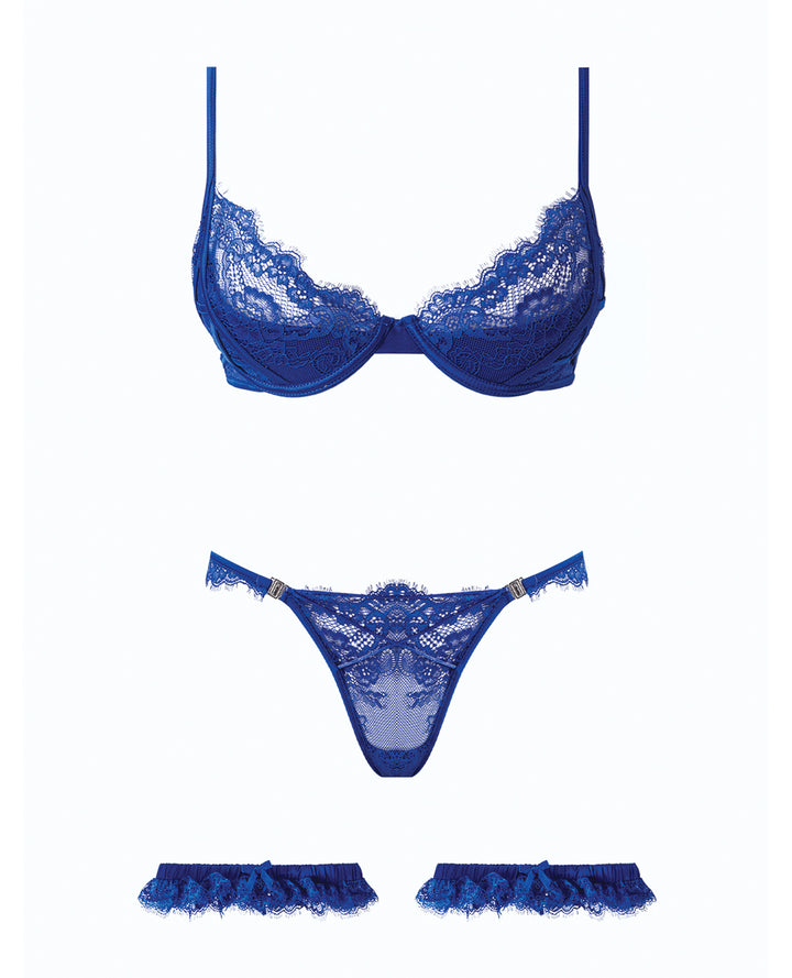 Madeline Lace & Mesh Bra, Garters, & Panty - Cobalt Blue XL