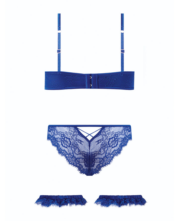 Madeline Lace & Mesh Bra, Garters, & Panty - Cobalt Blue 3X/4X
