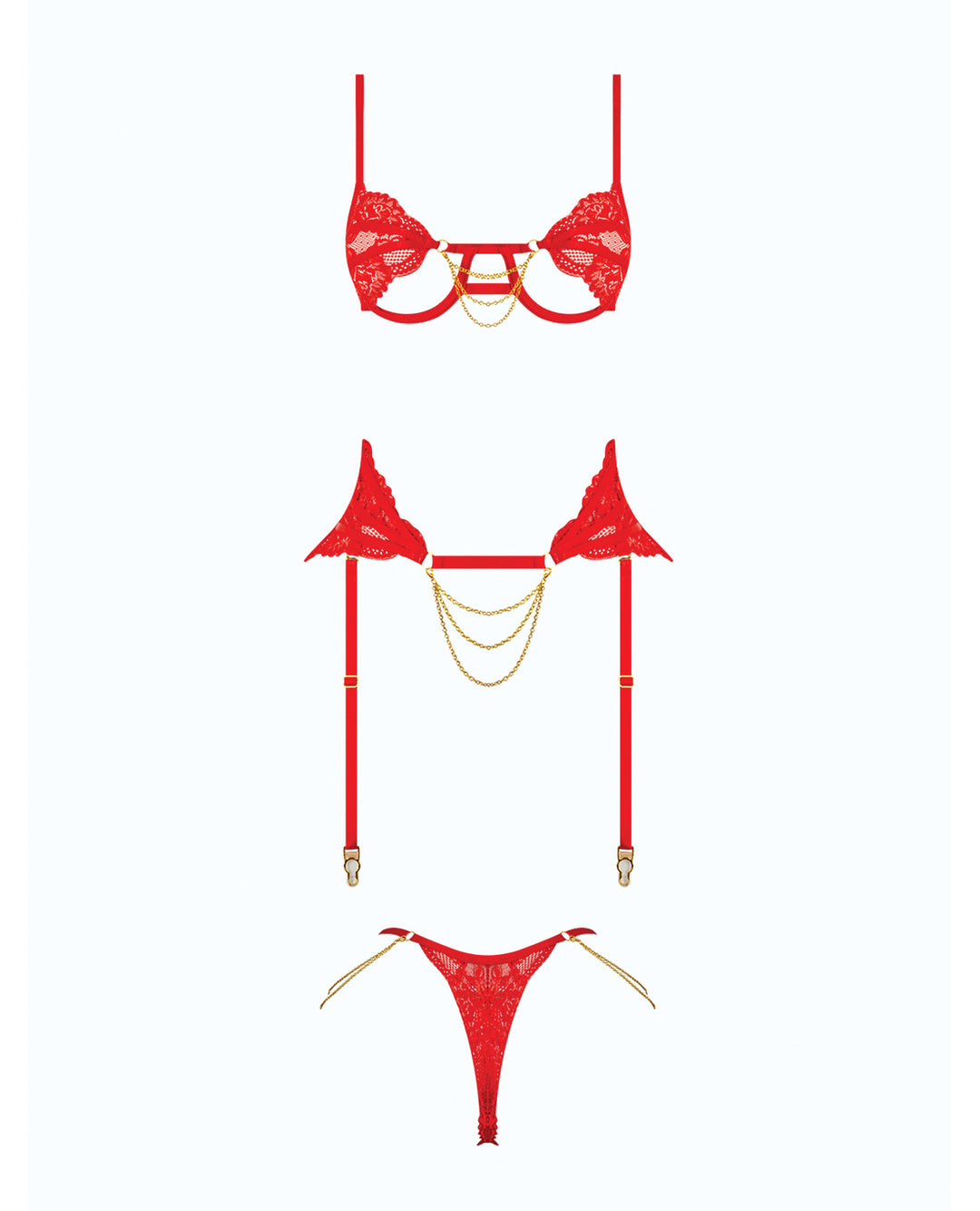 Cecily Lace Cut-Out Bra & Thong w/Garter Straps - Red LG