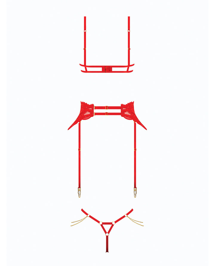 Cecily Lace Cut-Out Bra & Thong w/Garter Straps - Red XL