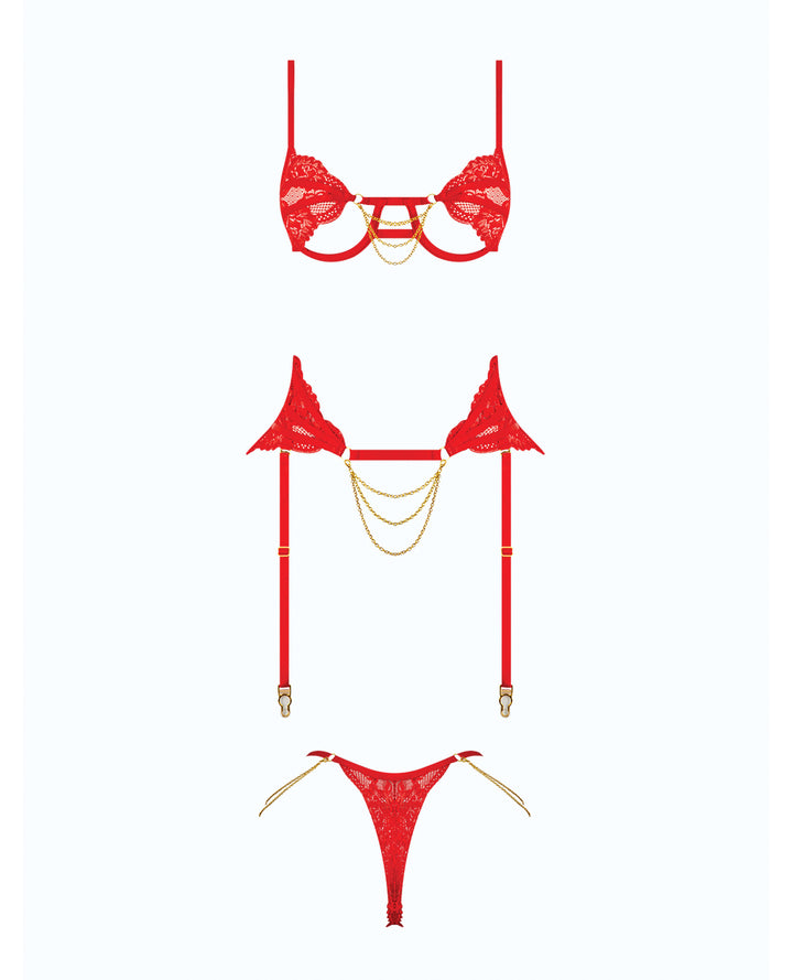 Cecily Lace Cut-Out Bra & Thong w/Garter Straps - Red 1X/2X
