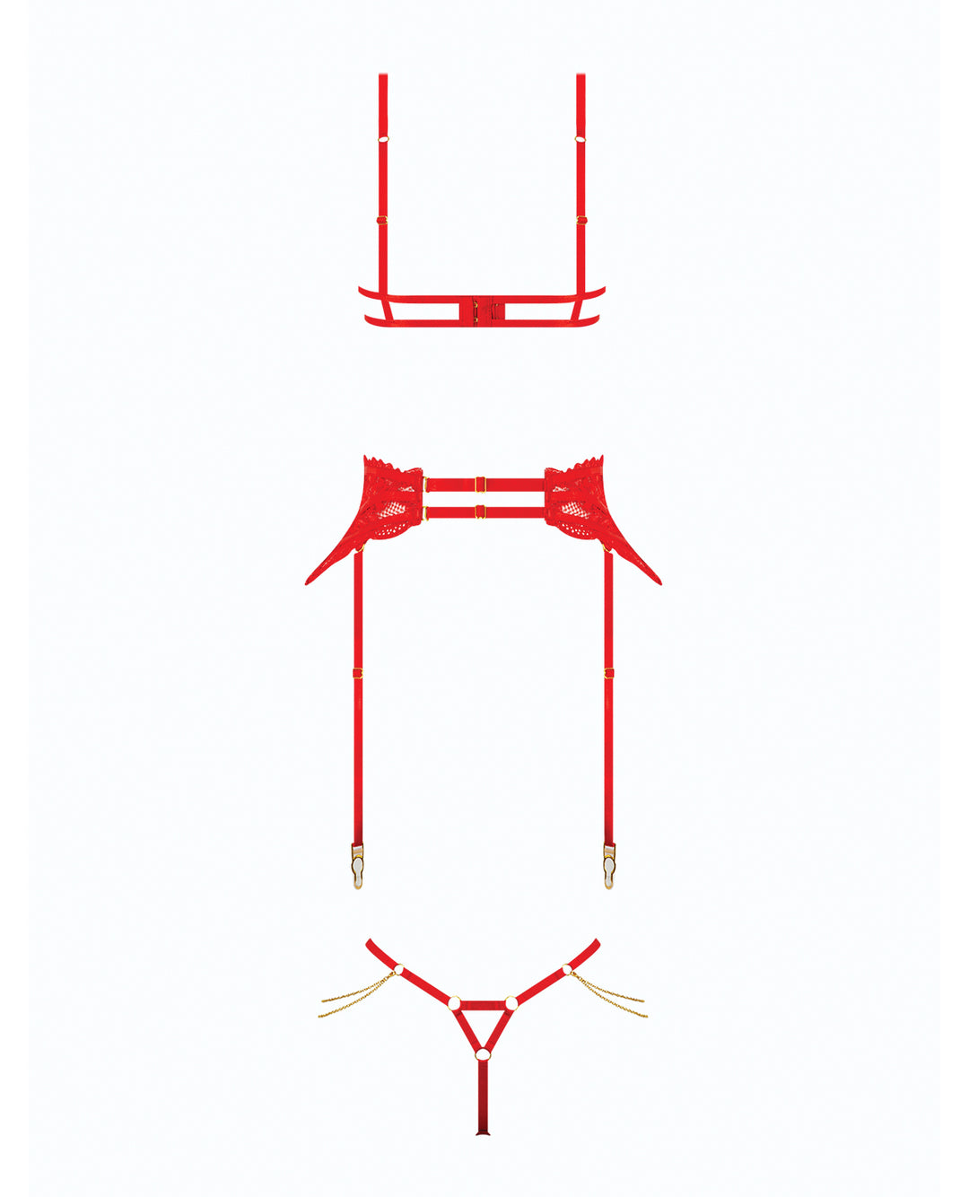 Cecily Lace Cut-Out Bra & Thong w/Garter Straps - Red 3X/4X