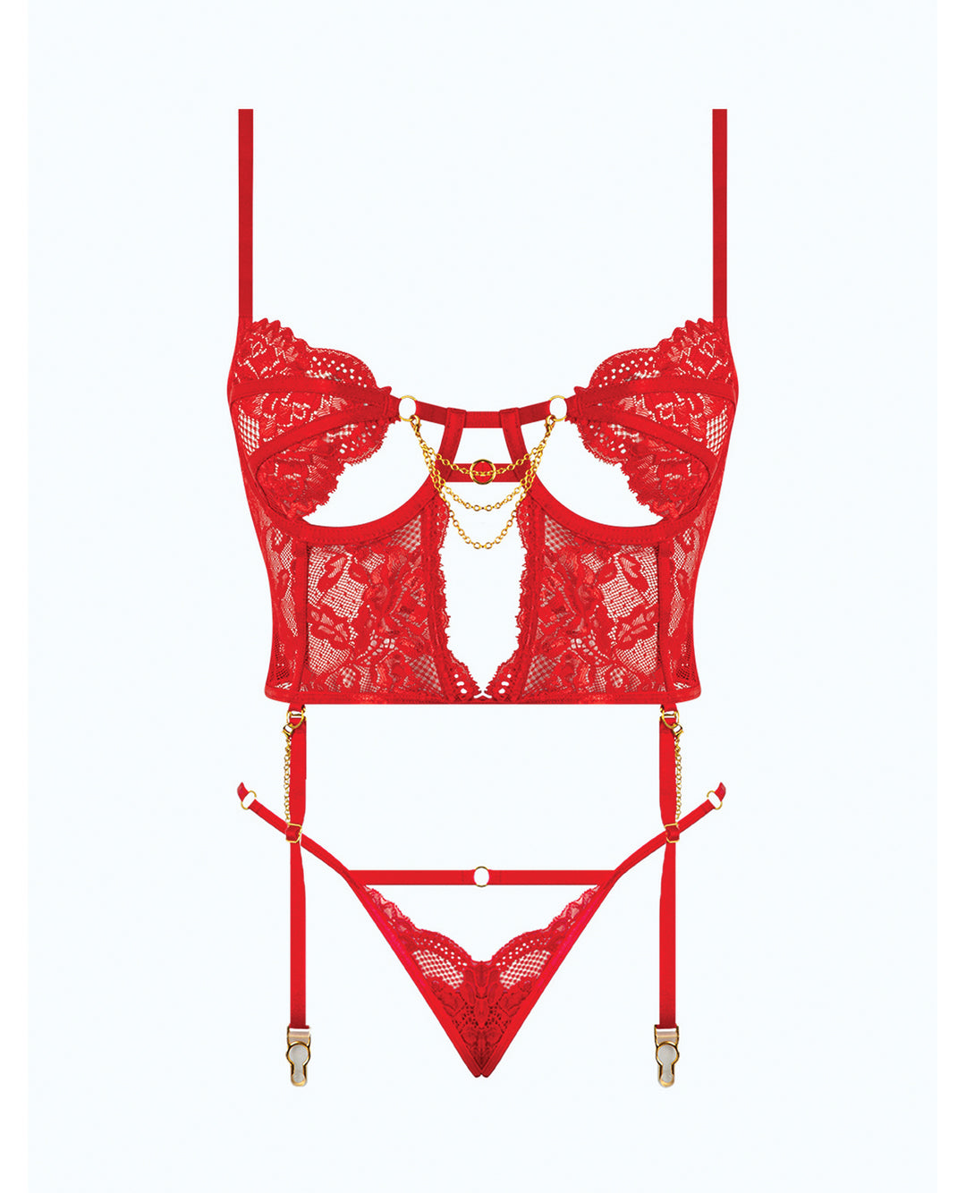 Cecily Lace & Mesh Bustier w/Thong & Garter Straps - Red LG