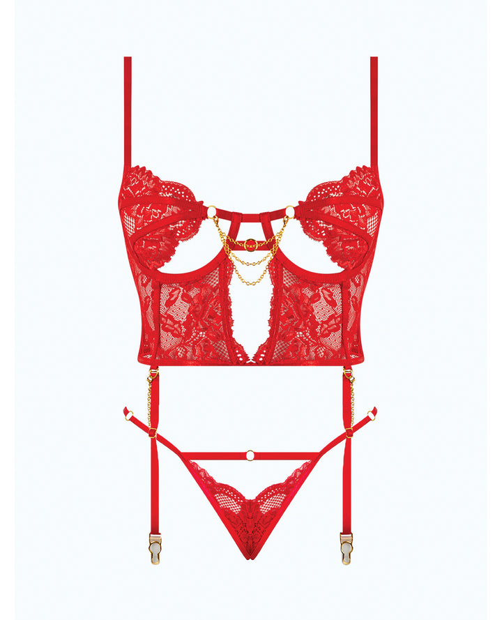Cecily Lace & Mesh Bustier w/Thong & Garter Straps - Red LG
