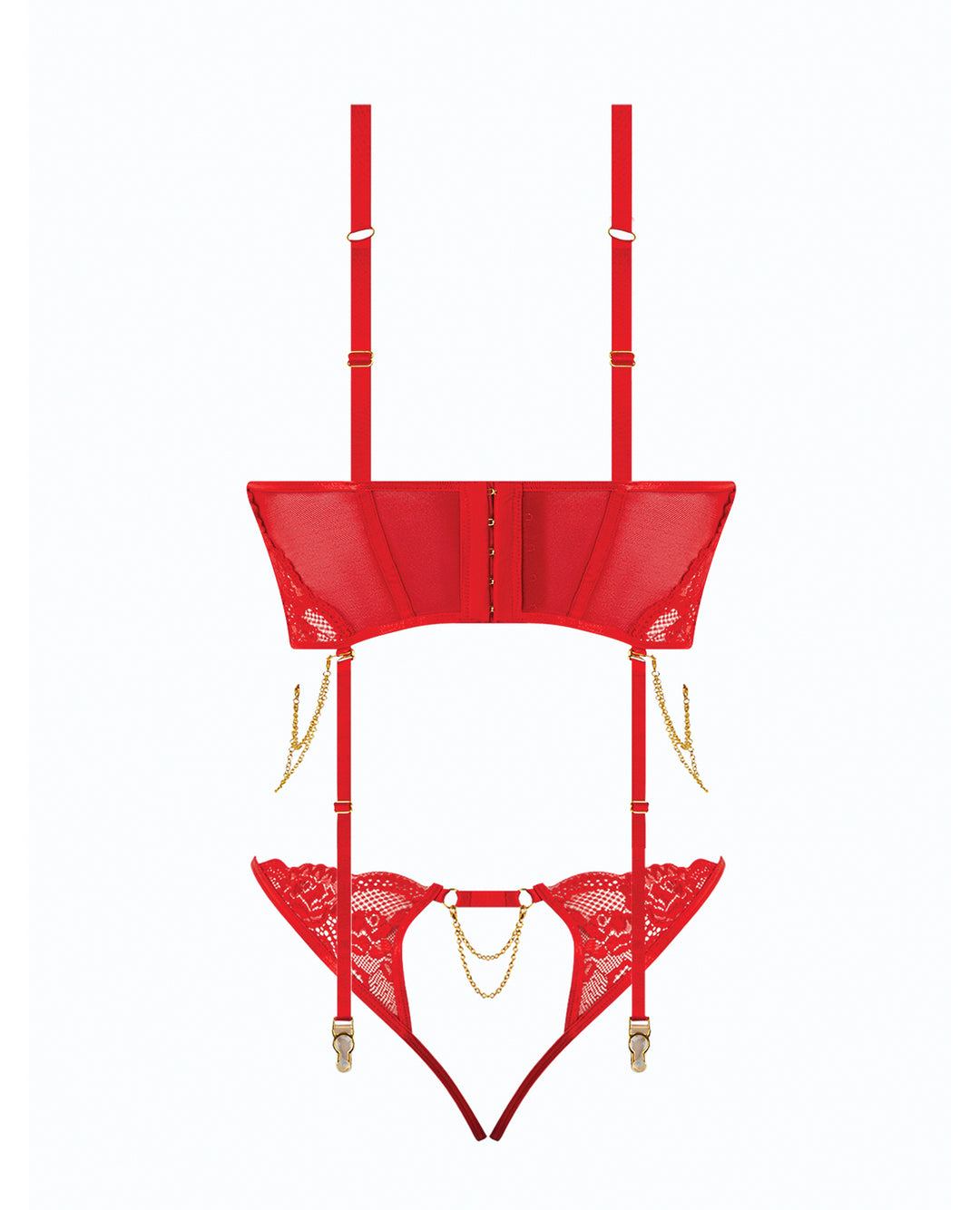 Cecily Lace & Mesh Bustier w/Thong & Garter Straps - Red LG