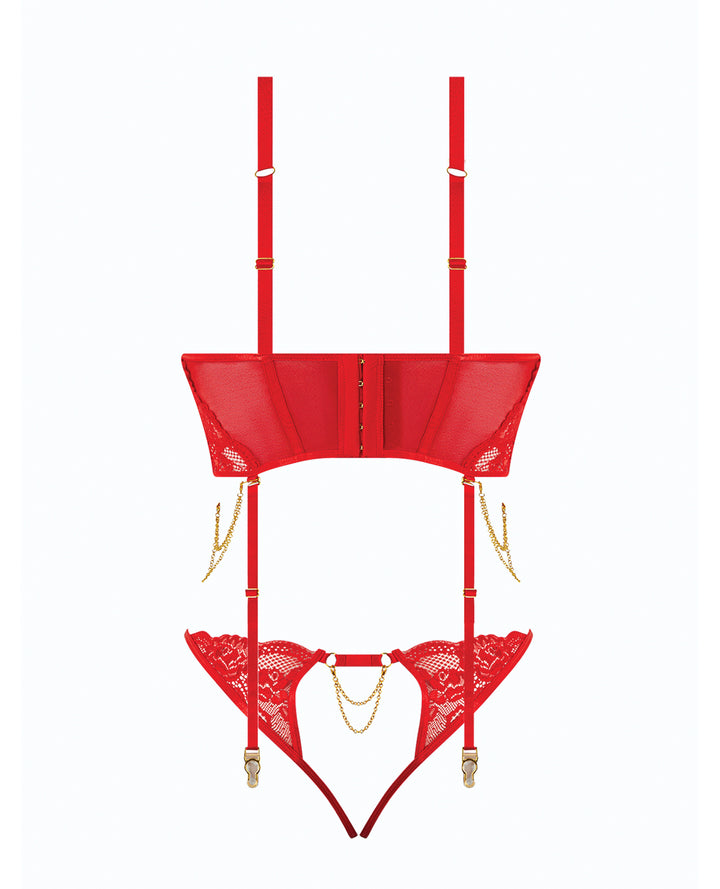 Cecily Lace & Mesh Bustier w/Thong & Garter Straps - Red LG