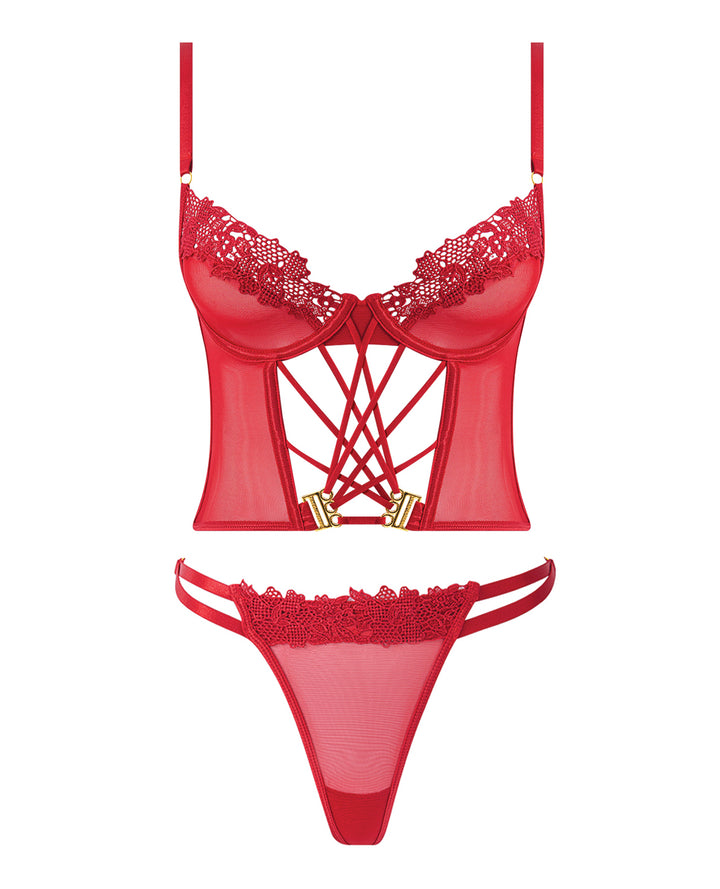 Ashley Alexiss Bustier w/Front Lace Up Ribbon Details & Matching High Cut Thong - Red MD