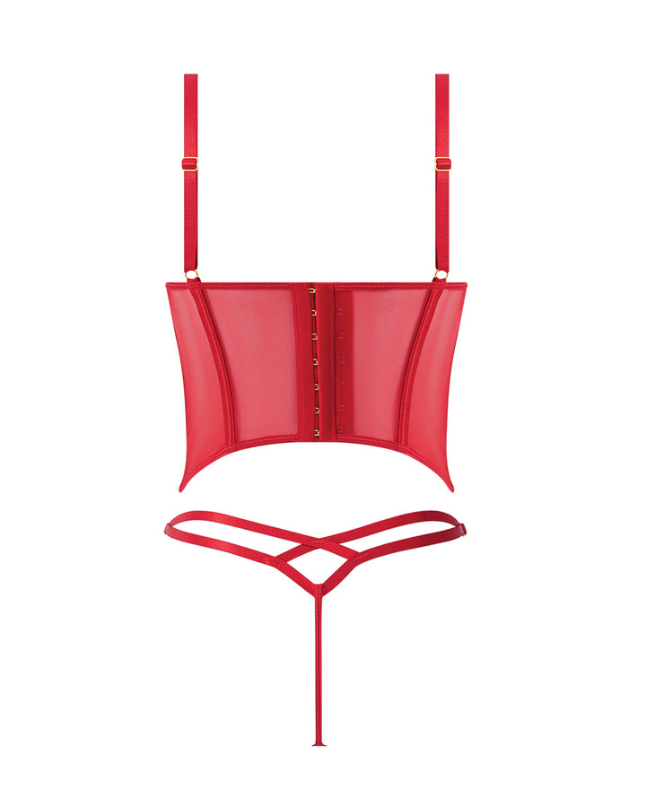 Ashley Alexiss Bustier w/Front Lace Up Ribbon Details & Matching High Cut Thong - Red MD