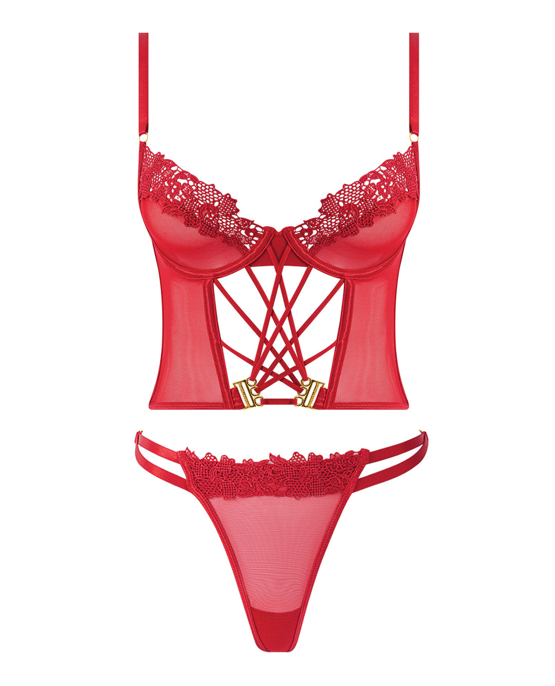 Ashley Alexiss Bustier w/Front Lace Up Ribbon Details & Matching High Cut Thong - Red 1X/2X