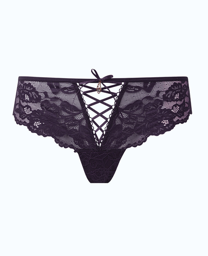 Bella Lace Up Tanga Panty w/Jewel Detail - Purple LG