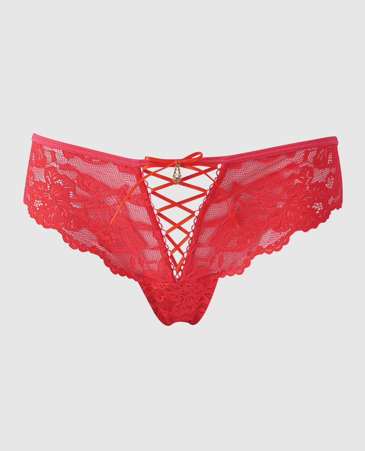Bella Lace Up Tanga Panty w/Jewel Detail - Coral XL