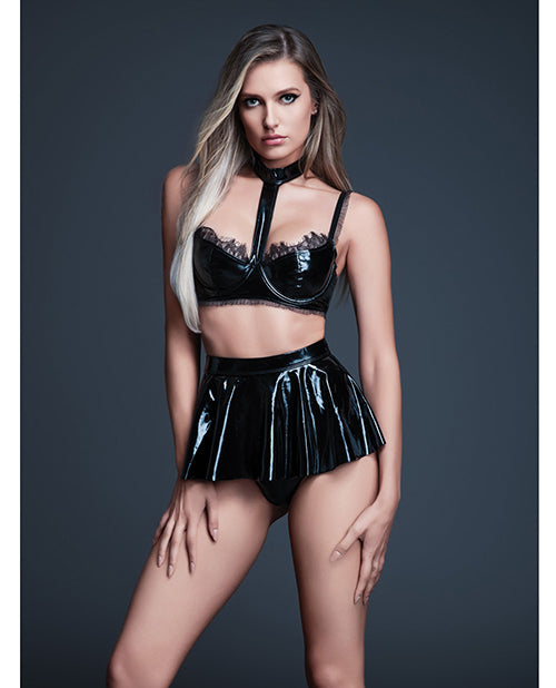 Allure Naughty Nights Latex Look Vinyl and Lace Choker Bra &amp; Mini Skirt 2 pc Set - Black SM