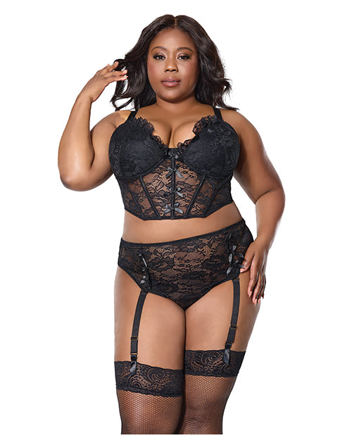 Lace Bustier w/Padded Cups &amp; Gartered Thong Panty 2 pc Set - Black 3X/4X