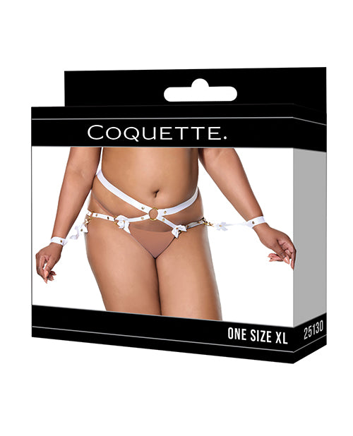 Satin Ribbon w/Elastic Harness &amp; Cuffs Set - White/Gold QN