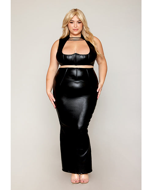 Stretch Faux Leather Harness Bra &amp; Long Slip Skirt - Black 1X