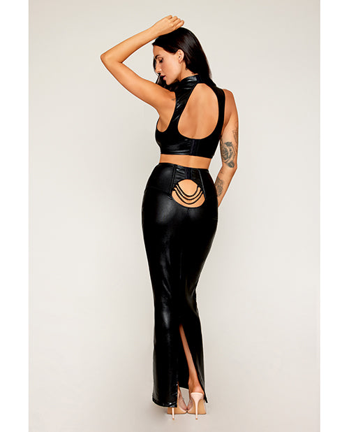Stretch Faux Leather Harness Bra &amp; Long Slip Skirt - Black LG