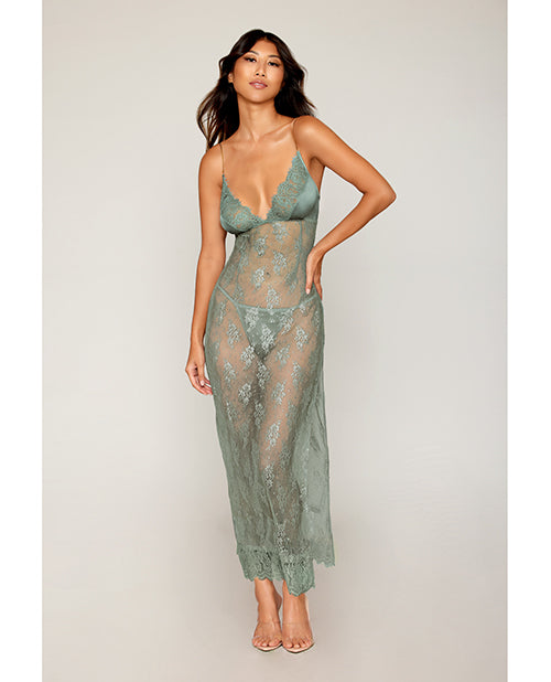 Eyelash Lace &amp; Satin Long Chemise w/G-String - Sage Green LG
