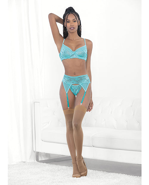 Lace &amp; Mesh Underwire Bra, Garterbelt &amp; G-String Malibu Blue MD