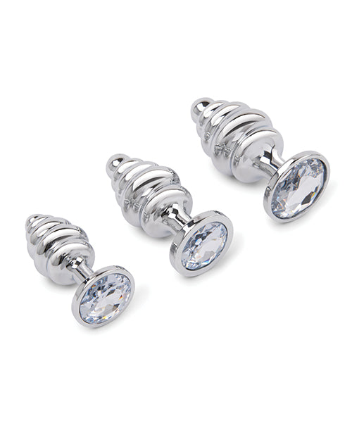 Gemsations 3 pc 2.95" &amp; 3.25" &amp; 3.7" Ripple Bling Bling Metal Butt Plug Training Set - Silver