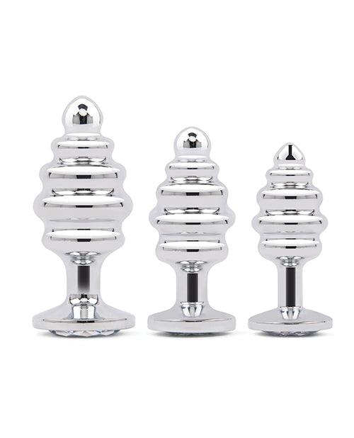 Gemsations 3 pc 2.95" &amp; 3.25" &amp; 3.7" Ripple Bling Bling Metal Butt Plug Training Set - Silver