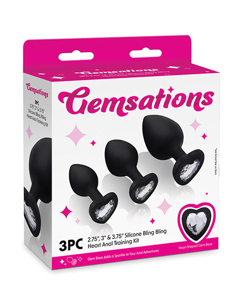 Gemsations 3 pc 2.75" &amp; 3.15" &amp; 3.7" Silicone Bling Bling Heart Butt Plug Training Set - Black