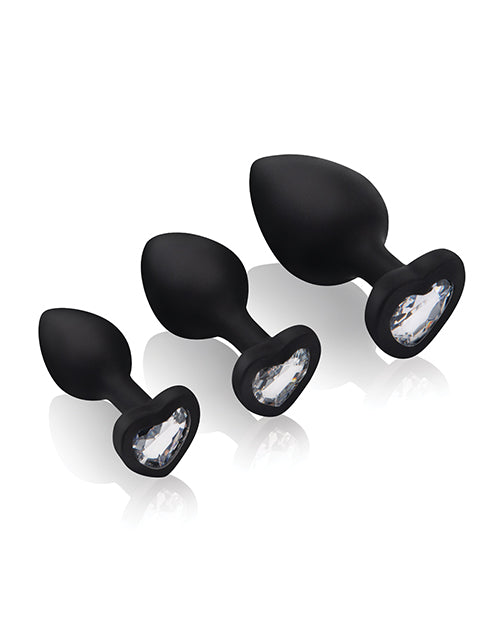 Gemsations 3 pc 2.75" &amp; 3.15" &amp; 3.7" Silicone Bling Bling Heart Butt Plug Training Set - Black