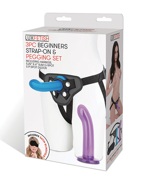 Lux Fetish 3 pc Beginners Strap On &amp; Pegging Set - Multi Color