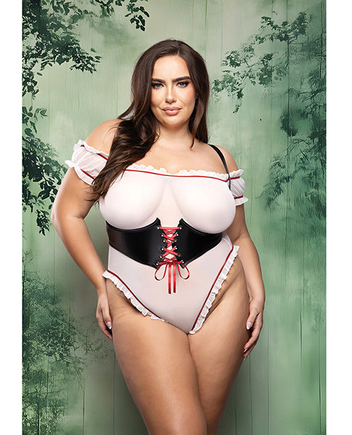 Dangerous Darling Sheer Mesh Ruffle Teddy w/Waist Cincher &amp; Hooded Cape 3 pc Set - Black/White 3X/4X
