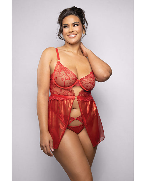 Ruby Shimmer Lace &amp; Mesh Babydoll w/Panty - Red 1X/2X