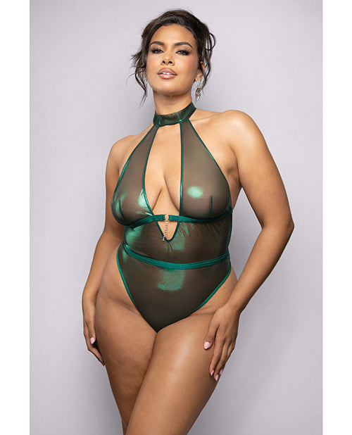 Emerald Shimmer Mesh Halter Teddy w/Open Back - Green 1X/2X