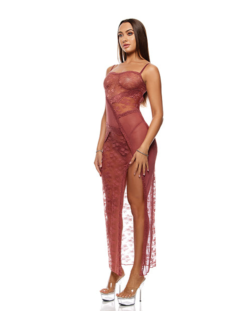 Patch of Petals Sheer Mesh and Lace Gown w/Thong 2 pc Set - Mauve MD