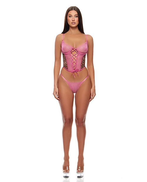 Animal Instincts Mesh Bustier &amp; Panty 2 pc Set - Pink Leopard MD