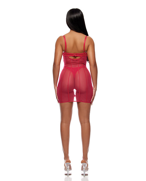 Layers To This Sheer Mesh and Knit Chemise w/Thong 2 pc Set - Pink MD