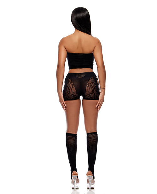 Cross Your Mind Tube Top w/Boy Short &amp; Open Toe Socks Bodystocking - Black O/S