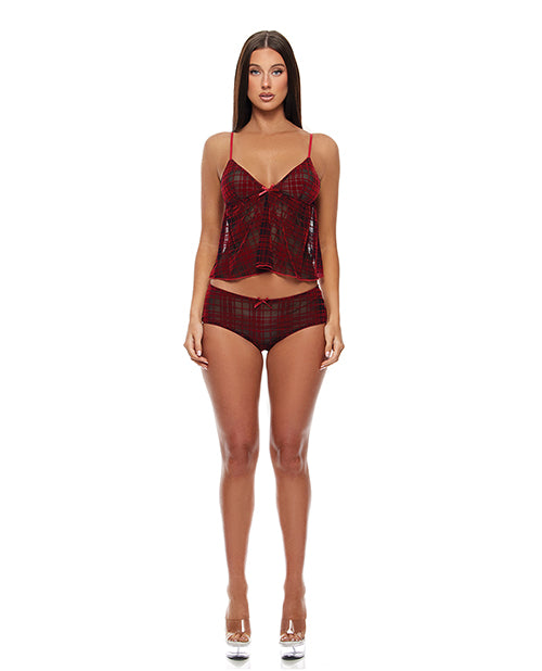 Velvet Lines Mesh Cami &amp; Boy Short 2 pc Set - Red/Black MD
