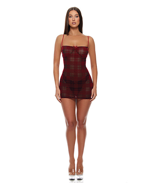Velvet Lines Mesh Chemise &amp; Thong 2 pc Set - Red/Black SM