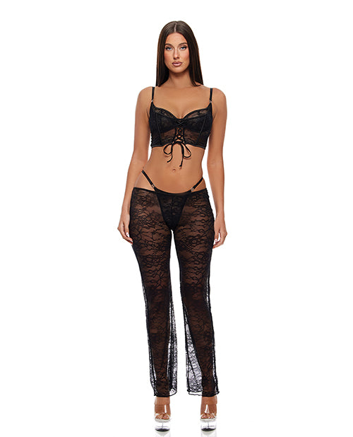 Layer of Seduction Lace Bra, Thong, &amp; Pants 3 pc Set - Black SM