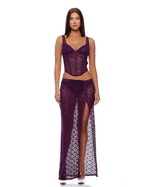 Feel Me Lace Bustier, Panty, &amp; Skirt 3 pc set - Purple XL