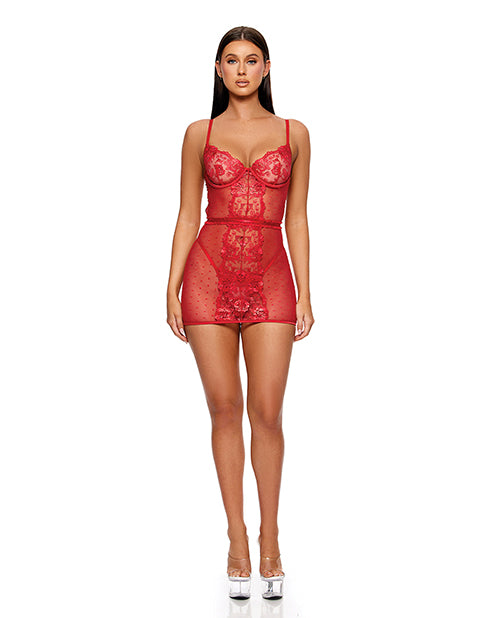 La Vie En Rose Metallic Embroidered Chemise, Panty &amp; Belt 3 pc Set - Red MD