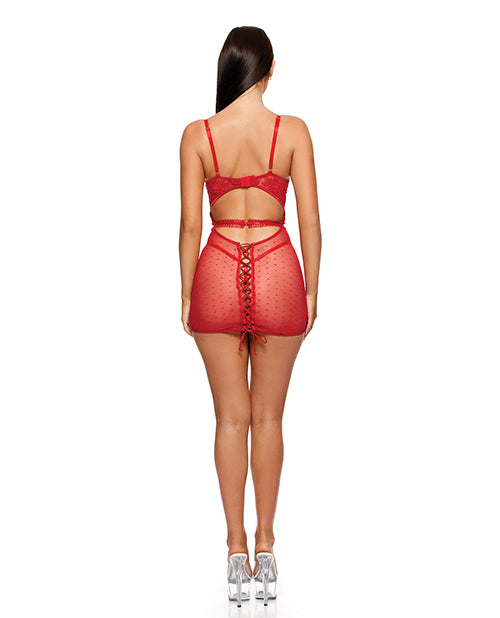 La Vie En Rose Metallic Embroidered Chemise, Panty &amp; Belt 3 pc Set - Red MD