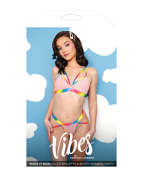 Vibes Make it Rain Caged Bralette &amp; Panty w/Booty Rainbow L/XL