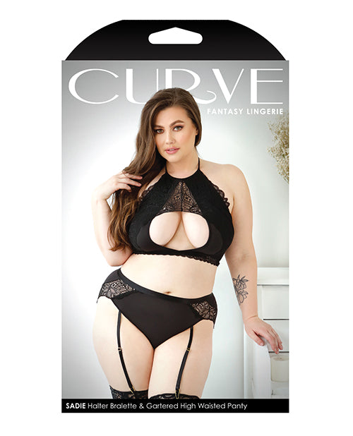 Curve Sadie Lace Overlay Keyhole Halter Top &amp; Gartered Panty Black 1X/2X