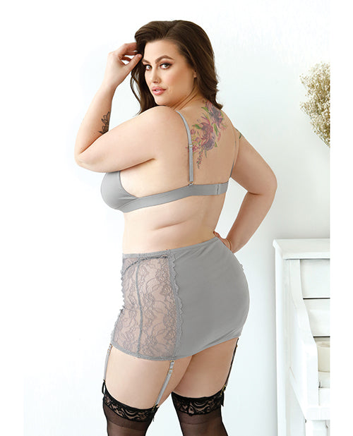 Curve Layne Lace &amp; Microfiber Bralette w/Garter Skirt &amp; G-String Gray 3X/4X